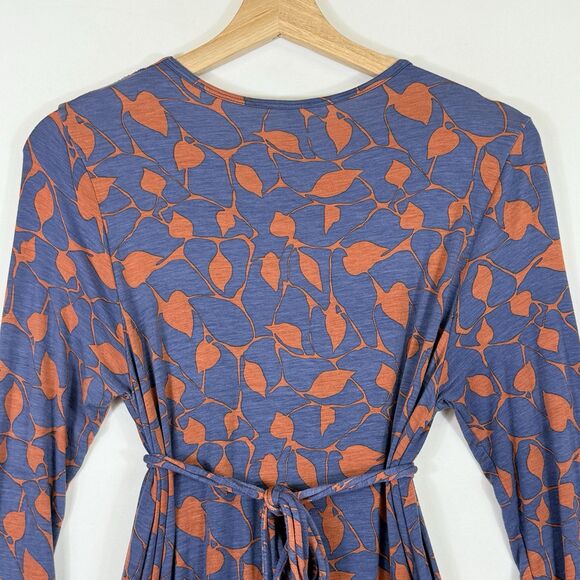 Rachel Palley Womens Large Blue Orange Leaves Pattern Long Sleeve Plunge Dress - Picture 5 of 8